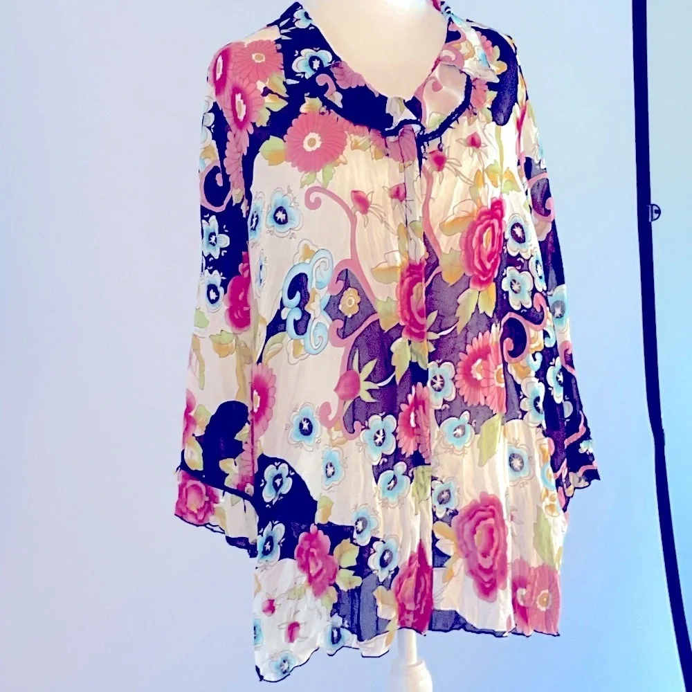 Agora Floral Beaded Ruffle Boho Blouse Snap Front Size 2X - Picture 4 of 16